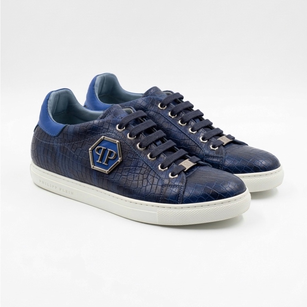 PHILIPP PLEIN Blue Crocodile Leather Print Lo-Top Sneaker Luxury Designer